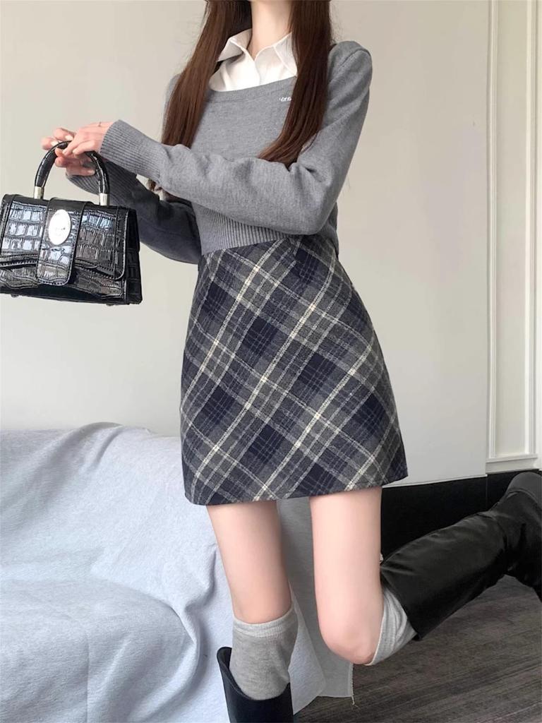 Women's Plus Size Collegiate Style Wool Plaid Mini Skirt In Coffee, Autumn/Winter
