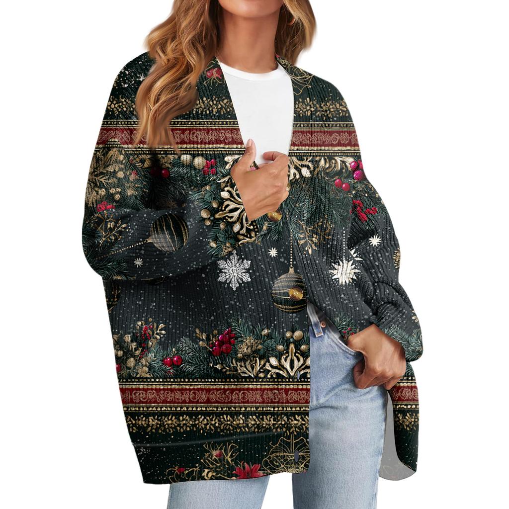 Women's Fashion Long Sleeve Print V-Neck Button Loose Cardigan Top