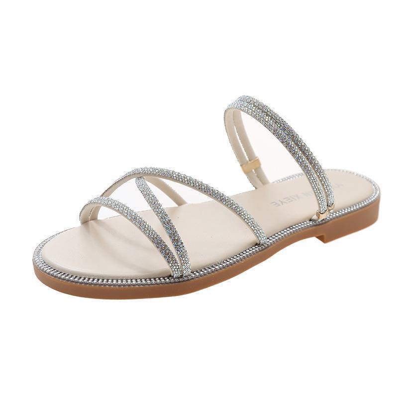 Sandals girl 2025 new women's cool slippers summer wear French fairy style flat-bottomed rhinestone sandals