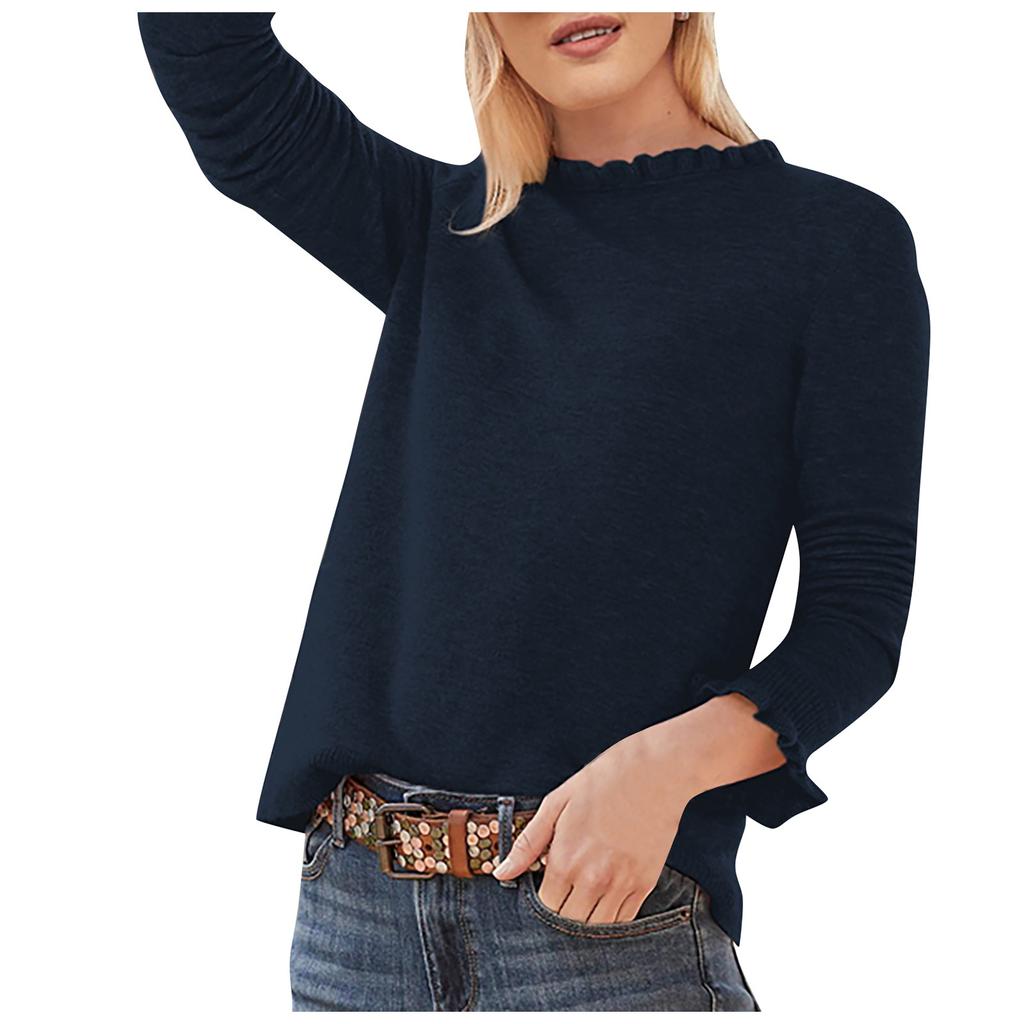 Women's Casual Color Ruffled Round Neck Loose Long-sleeved Woolen Top