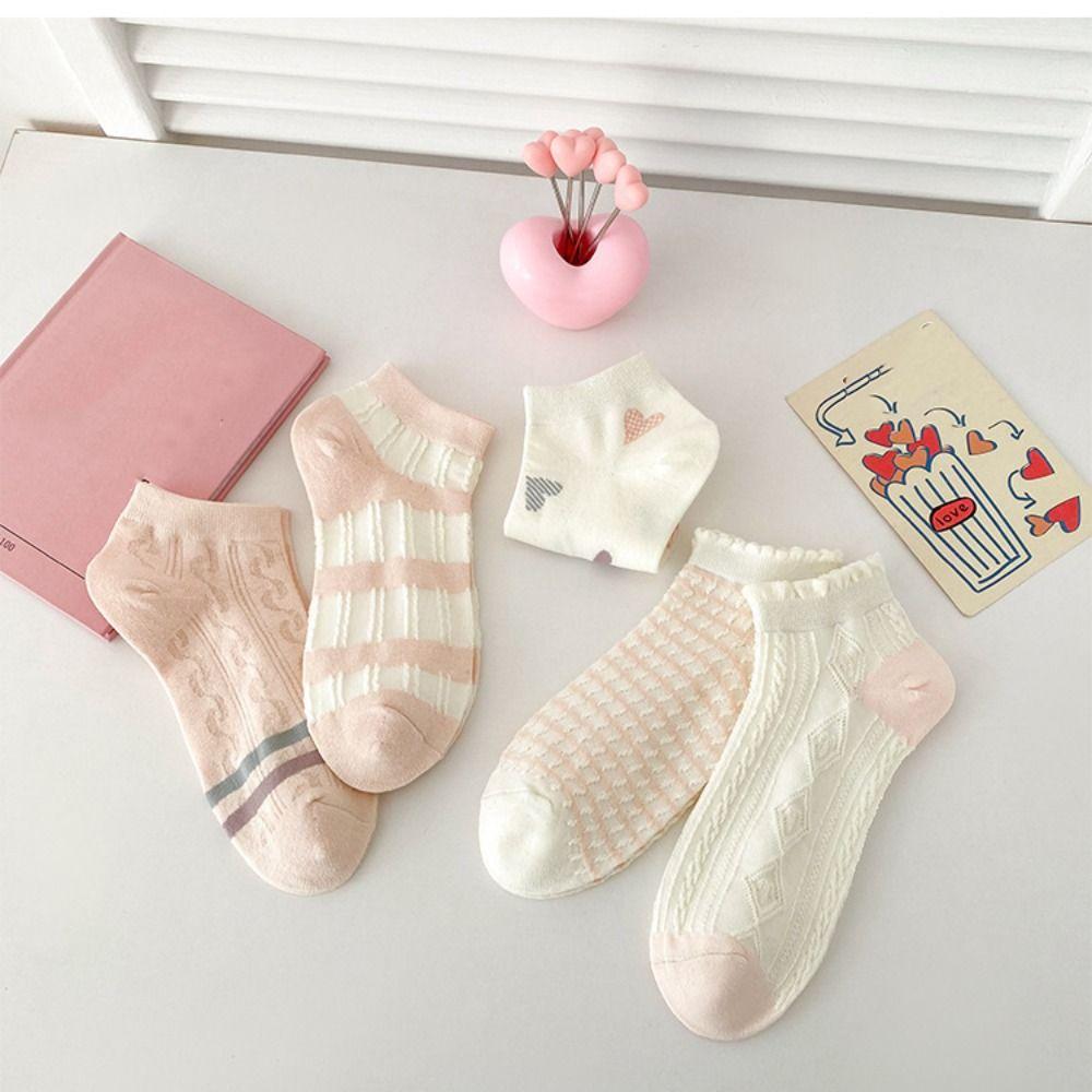 5 Paar Streifen Herz Kurze Socken Rüschen Kniestrümpfe Damen Niedlich Süß Knöchelsocken Mädchen