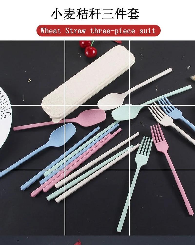 3pcs/set Travel Cutlery Portable Cutlery Box Japan Style Wheat Straw Knife Fork Spoon Student Dinnerware Sets Kitchen Tableware