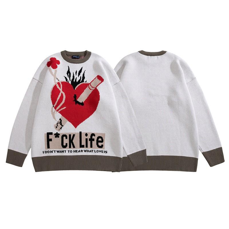 Unisex Streetwear Knit Sweater With Heart Flame Motif - Soft Breathable Loose Fit Winter Pullover Teens