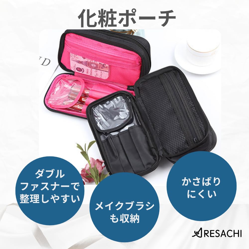 ARESACHI Double Zipper Cosmetic Compact x Pouch, Small, (Black Black)