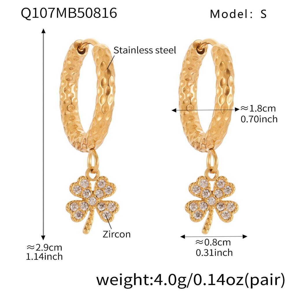 Qiong Yao 5A Zircon Four-Leaf Clover Pendant & Flower Ear Studs Hoops, PVD Gold-Plated Titanium Steel Jewelry.