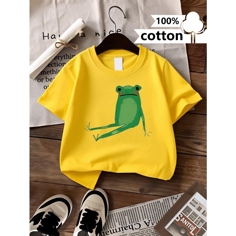 European sizes Boys T Shirt Casual Short Sleeve T-ShirtGreen Frog Sitting Pose Fun Summer Design, Regular Fit for Casual Attire, Playful Kids Fashion