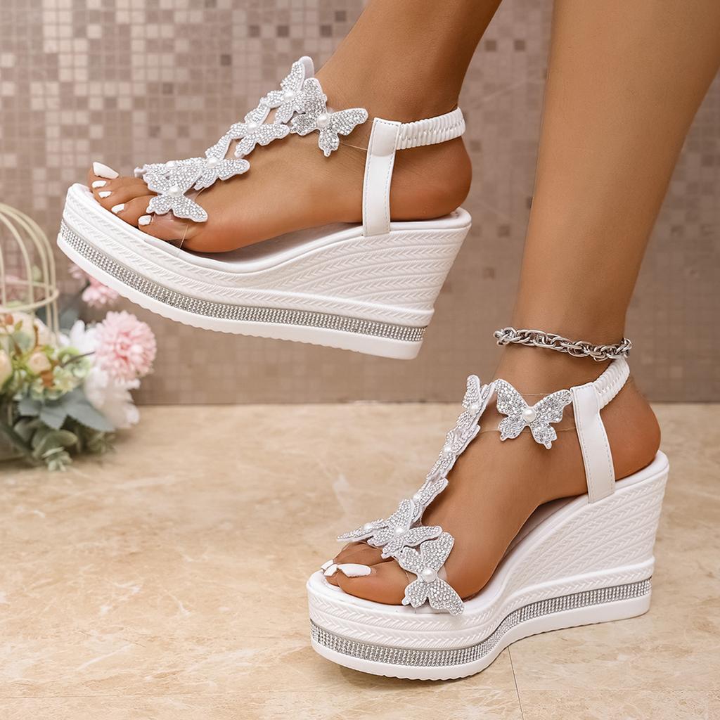 Women's Rhinestone Sandals 2025 Summer New Arrival Outdoor Platform Thick Sole Versatile Wedge Beach Sandals