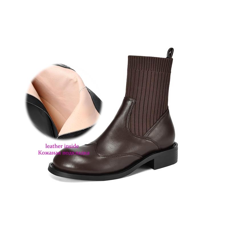 Krazing Pot Microfiber Autumn Winter Shoes Thick Med Heels Size 43 Chelsea Boots Back Knitwear Stretch Ankle Boots