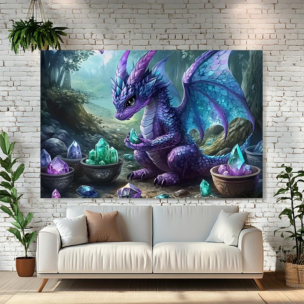 Lila Drache mit Kristallen Fantasy Kunst Wandteppich Für Kinderzimmer Schlafzimmer Dekoration Mythisches Wesen Kunstdruck Zuhause