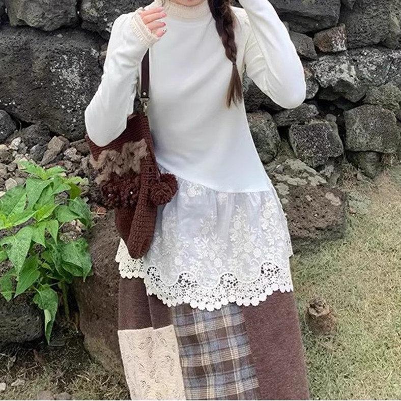 Autumn & Winter Lace Patchwork Mid-Length Ruffle Hem Base Top