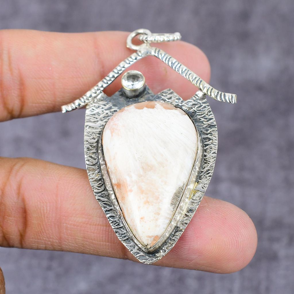 Natürlicher Skolezit, Weißtopaz Edelstein 925 Sterling Silber Anhänger 2,37" S6I40