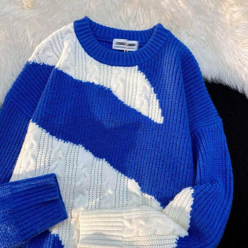 

Мужской свитер с круглым вырезом в стиле ретро и цветовыми блоками — повседневный, универсальный стиль для пар XL синий