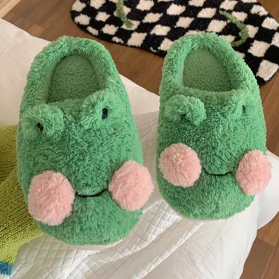 Fashion Cute Cartoon Frog Cotton Slippers Women Men Winter Warm Shoes Soft Fur Thick Sole Anti-slip Couples Indoor Home Floor Slides