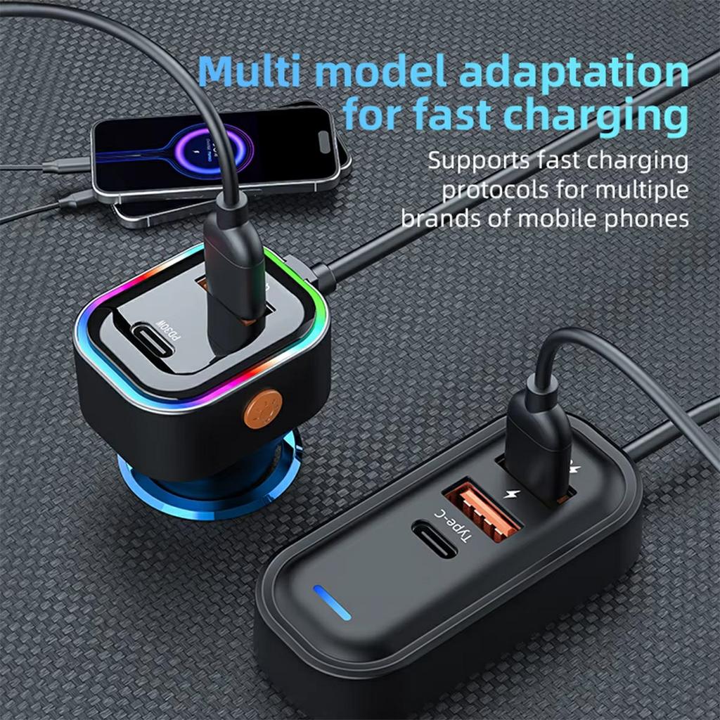 PD 30W Fast Charging Adapter with 1m Extension Cable Rear Seat Multi-Port Car Charger
