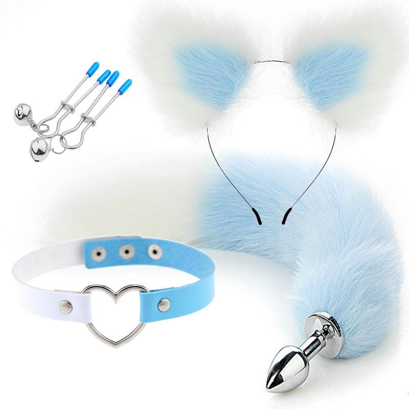 Anal Sex Toys Fox Tail Butt Plug Sexy Plush Cat Ear Headband with  Leather Necklace Set Massage Sex Toys Women Couples Cosplay