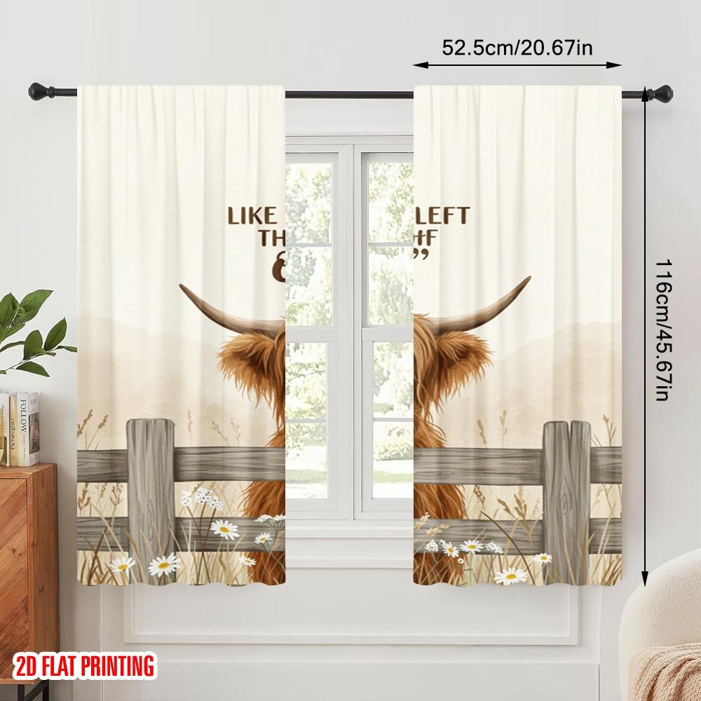 Flat Printing Window Treatment Curtains Highland Cow Gate Open Polyester Fabric Without Electricity Festive Holiday Use Curtain Set Of 2 Made Washable