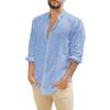 Men's European & American Linen Stand-Up Collar Cardigan Shirt - Solid Color, Long Sleeve, Casual, 2021