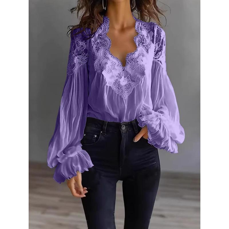 QICED Women's Fashion Casual Solid Color Print Long Sleeve V Neck Blouses & Shirts