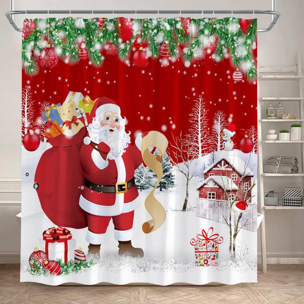 Red Christmas Shower Curtain Set Funny Santa Claus Gift Green Pine Branches Xmas Balls Home Bathroom Decor Bath Mat Toilet Cover