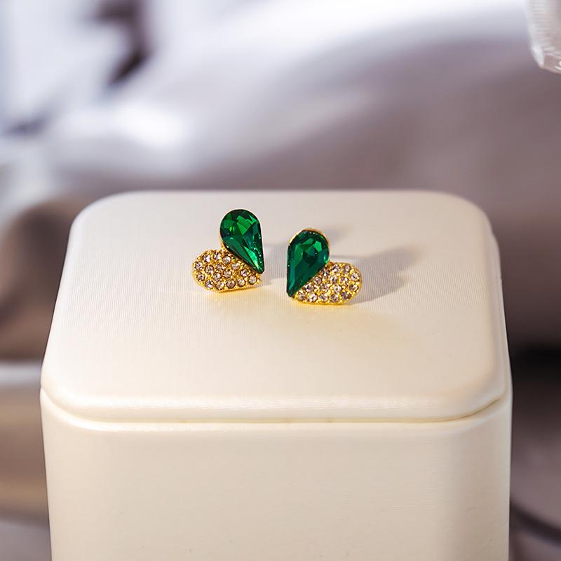

Маленькие и нежные зеленые серьги в форме сердца с двойным цветным цирконом, простые сращивания, универсальные украшения зелёный