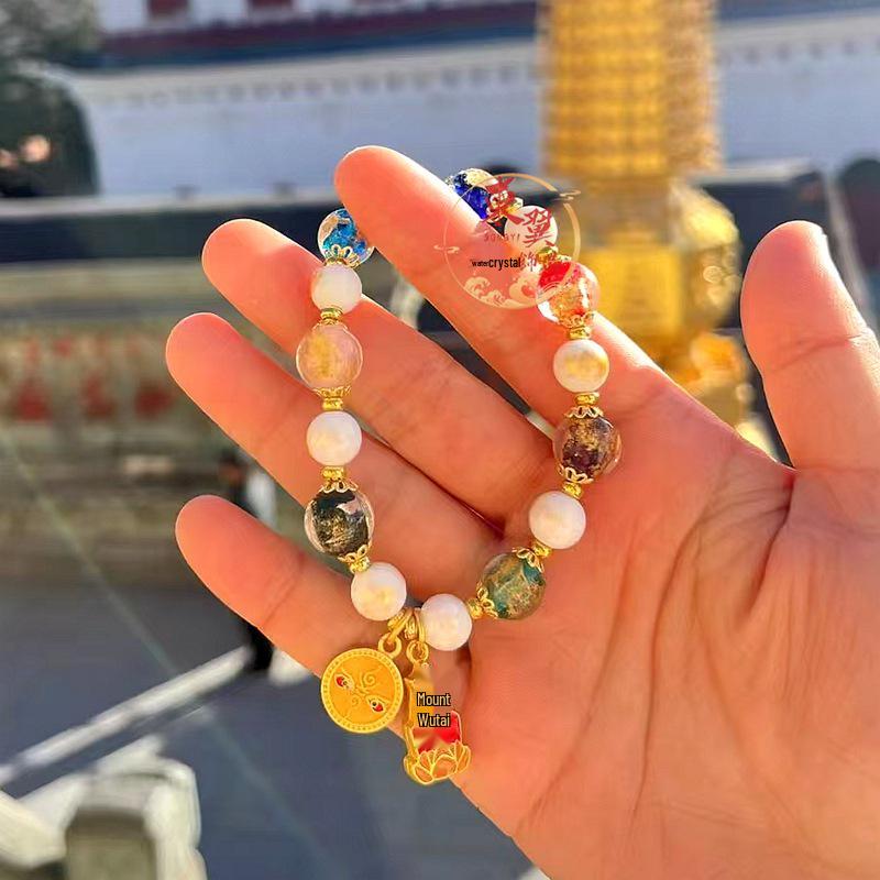 Yellow Dzambala Multi-Treasure Bracelet with Gold Foil and Ash Porcelain Glaze Beads