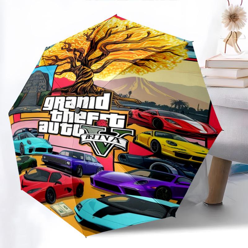Vibrant Grand Theft Auto V Artwork Folding Umbrella 8 Paraphenoid Bones Durable Three Folds Sun Umbrella Gift
