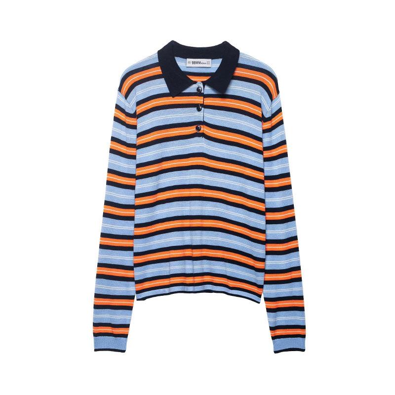 2026 Chic European & American Striped Knit Polo Shirt Medium