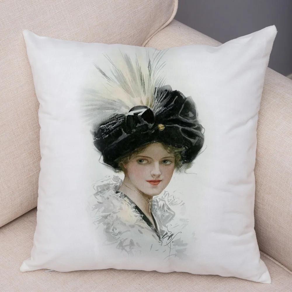 European Lady Cushion Cover Decor Vintage Style Elegant Women Print Pillowcase for Sofa Home Car Soft Plush Pillow Case 45x45cm