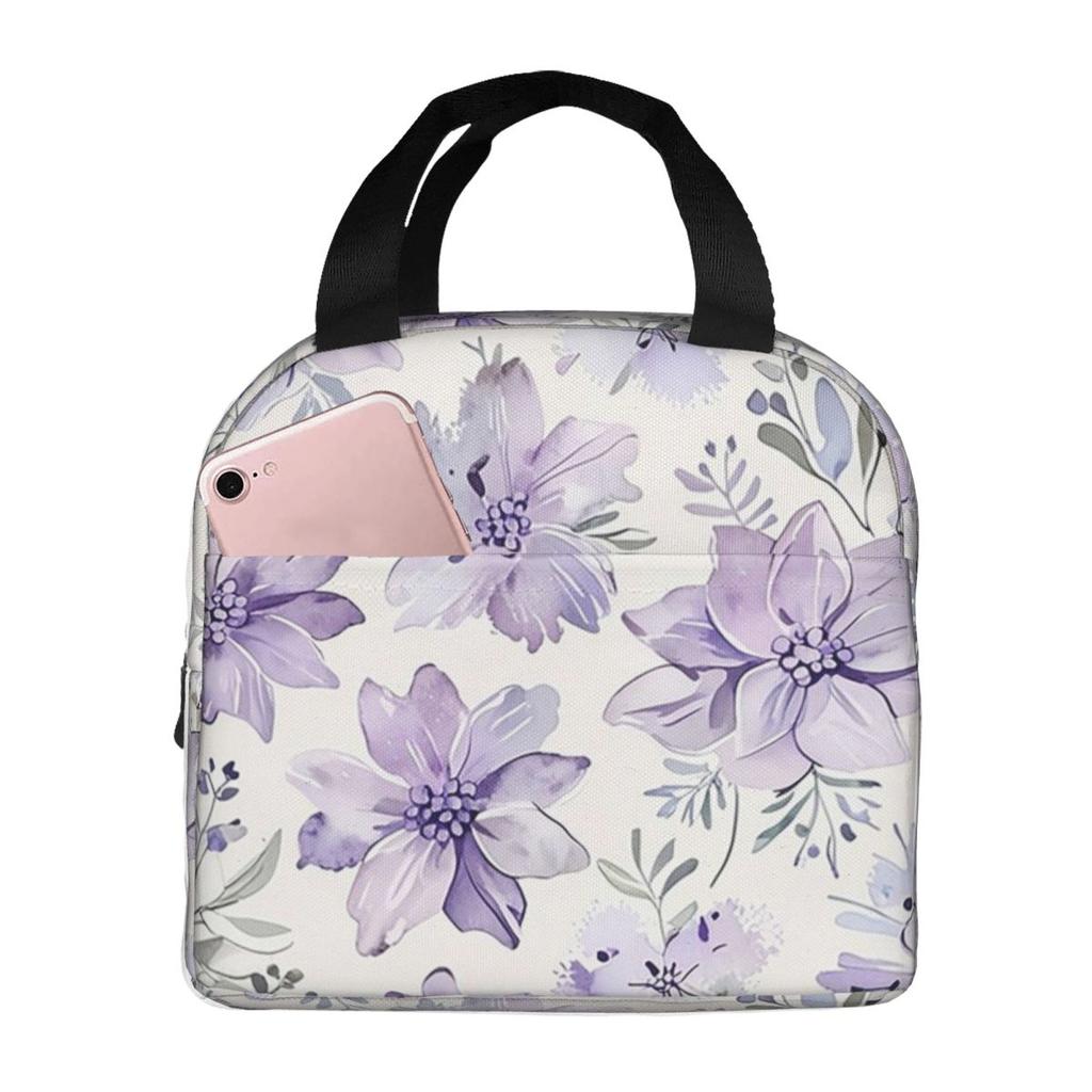 Light Purple Floral Pattern Insulated Lunch Bag for Women Children Portable Food Boxes Thermal Lunch Box Tote