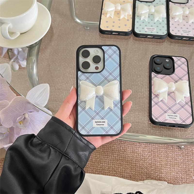 Cute new diamond plaid bow Phone Case For iPhone 16 15 14 13 Pro Max fundas iphone 15 case Protective cover