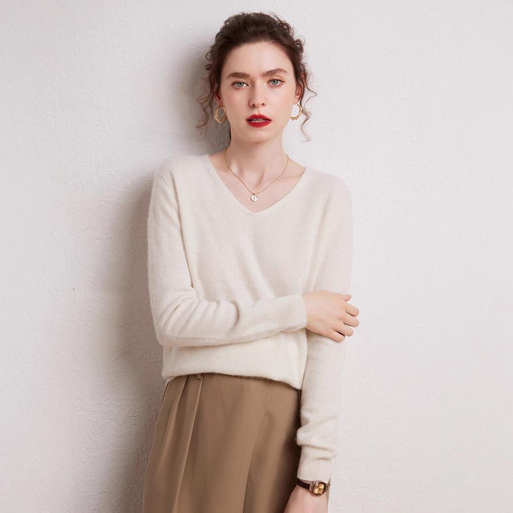 Women's 100% Pure Cashmere V-neck Sweater, Autumn Winter Long Sleeve Knit Pullover Top