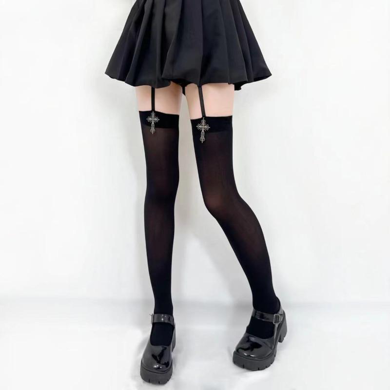 Personality Cross Decoration Women Suspender Socks Solid Color Thin Thigh High Lolita Anime Cosplay Gothic Over Knee Stockings