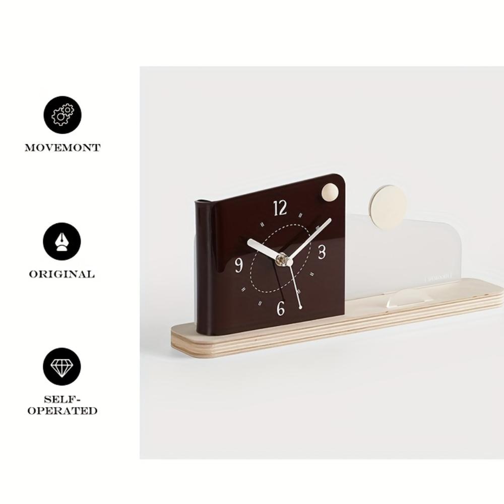 Creative Curved Shape Desk Clock, Silent Wooden Dual Tonewith Large Dial, Decorative Ball Includes Phone Holder, Ideal for Bedroom ,Study Decor