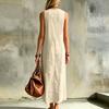 Rochie Maxi Fără Mâneci cu Decolteu în V din In pentru Femei, de Vară, Casual, Croială Largă, Rochie Lungă cu Detaliu Buton, Material Ușor și Respirabil
