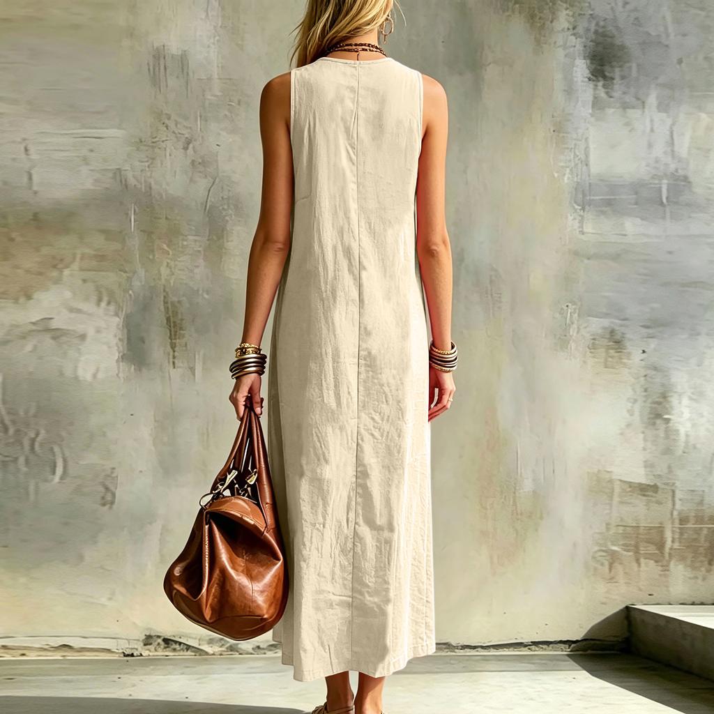 Rochie Maxi Fără Mâneci cu Decolteu în V din In pentru Femei, de Vară, Casual, Croială Largă, Rochie Lungă cu Detaliu Buton, Material Ușor și Respirabil