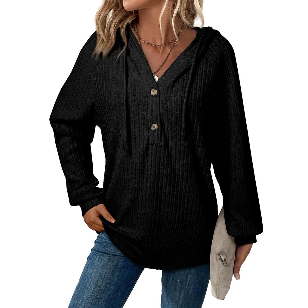 Women's Fashion Long-Sleeved Drawstring Button-Up V-Neck Casual Solid-Colour Sweatshirt Top