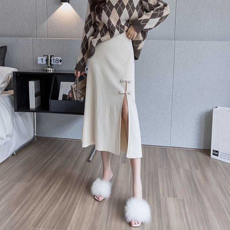 Pan Buckle Split Skirt for Women's Autumn High Waist A-line Knitted Hip Hugging Skirt