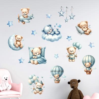 Adesivo de Parede Balão de Ar Quente Boa Noite Urso Autoadesivo Impermeável Decoração Quarto Infantil Arte de Parede Pintura para Sala de Estar Quarto