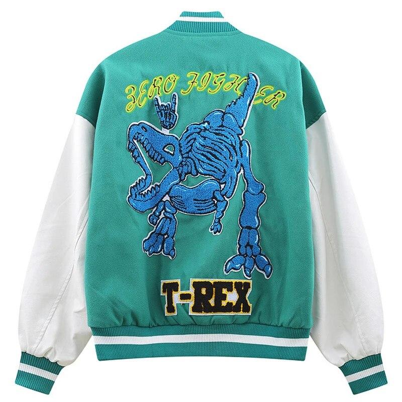 

Hip Hop Streetwear Men Baseball Jacket Coat Dinosaur Graphic Harajuku 2021 Autumn Loose Letter Print Embroidery Bomber Jacket