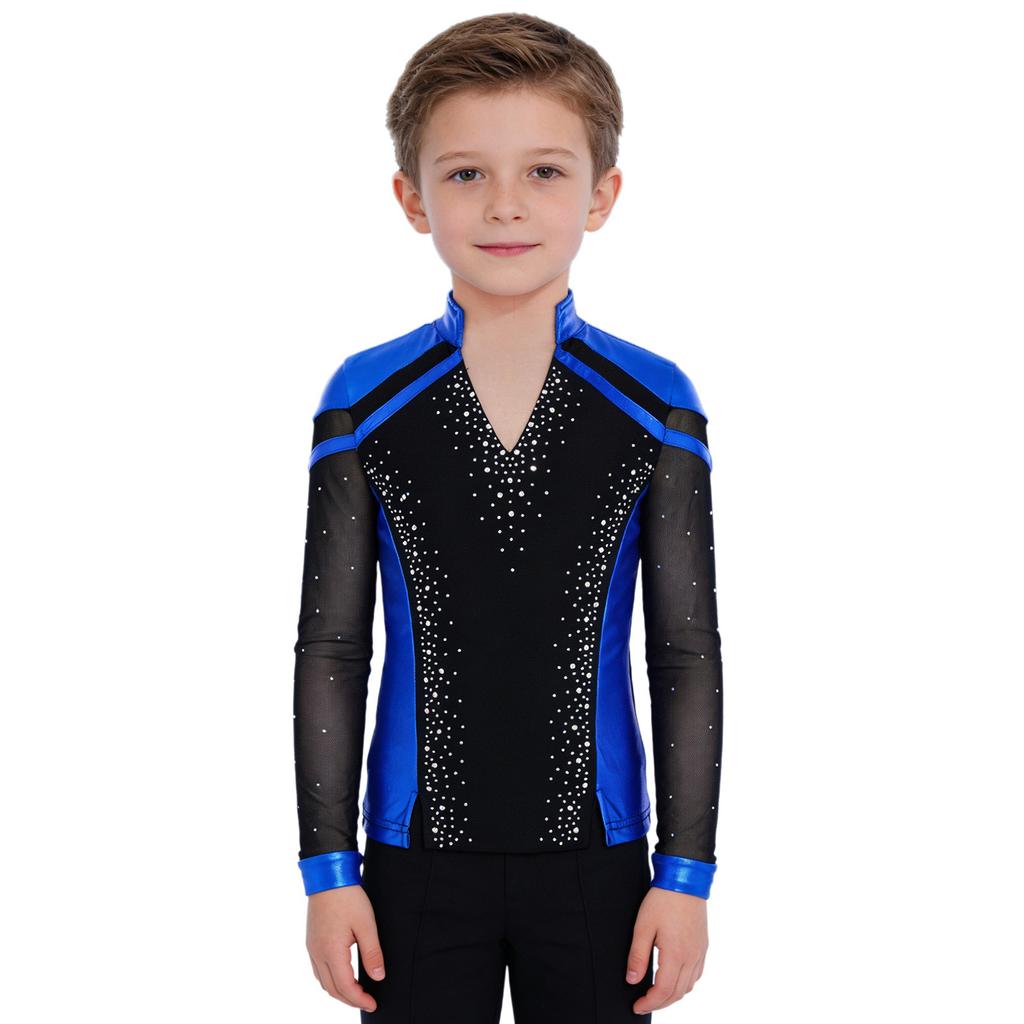 Boys V Neck Long Sleeve Shiny Metallic Color Block Figure Skating Top