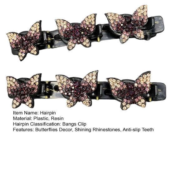 2 Stück Damen-Haarnadeln, funkelnde Kunstkristall-Schmetterlings-Dekor, geflochtene Haarspangen, doppellagige Bang-Haarnadeln