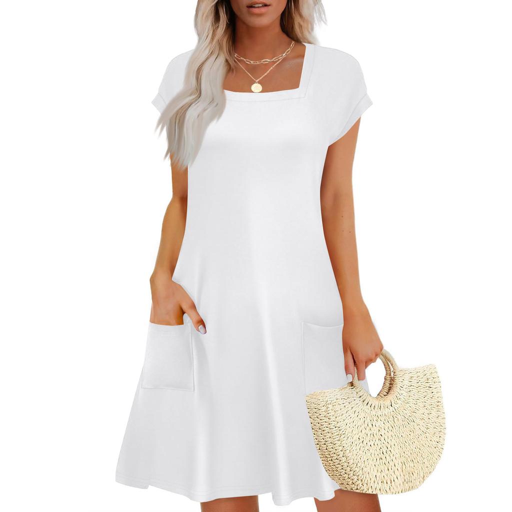 Summer Dresses for Women Loose Square Neck Cap Sleeve Casual Beach Vacation Tshirt Dress Sundresses with Pockets
