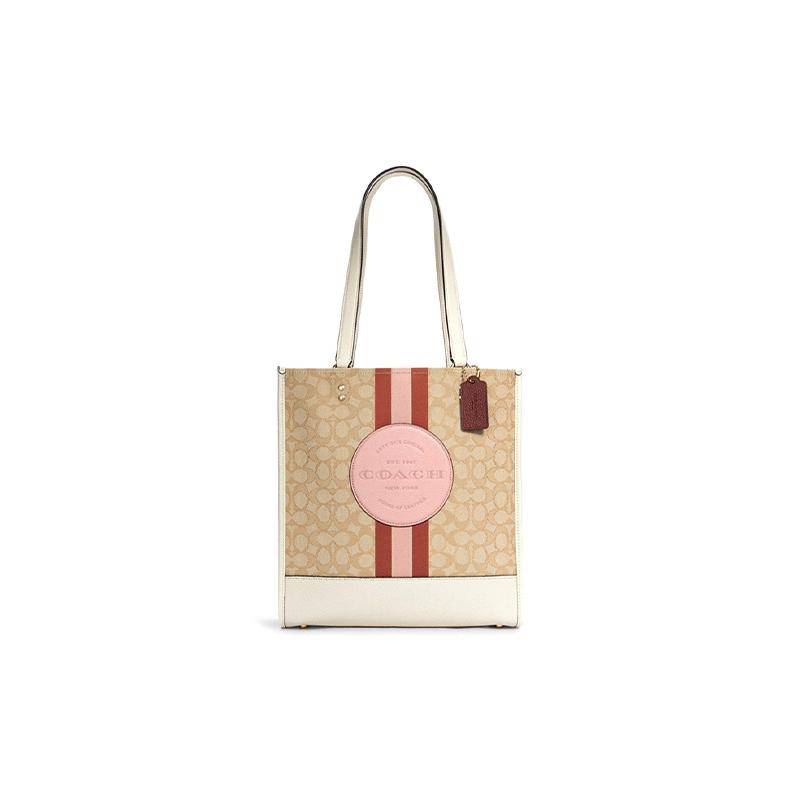 

COACH shoulder bag Dempsey 30 Presbyopic Striped Logo Patch Fabric and Cow Leather Tote Tote Shopping Handbag Large Women s Khaki with Baby Pink рожевий