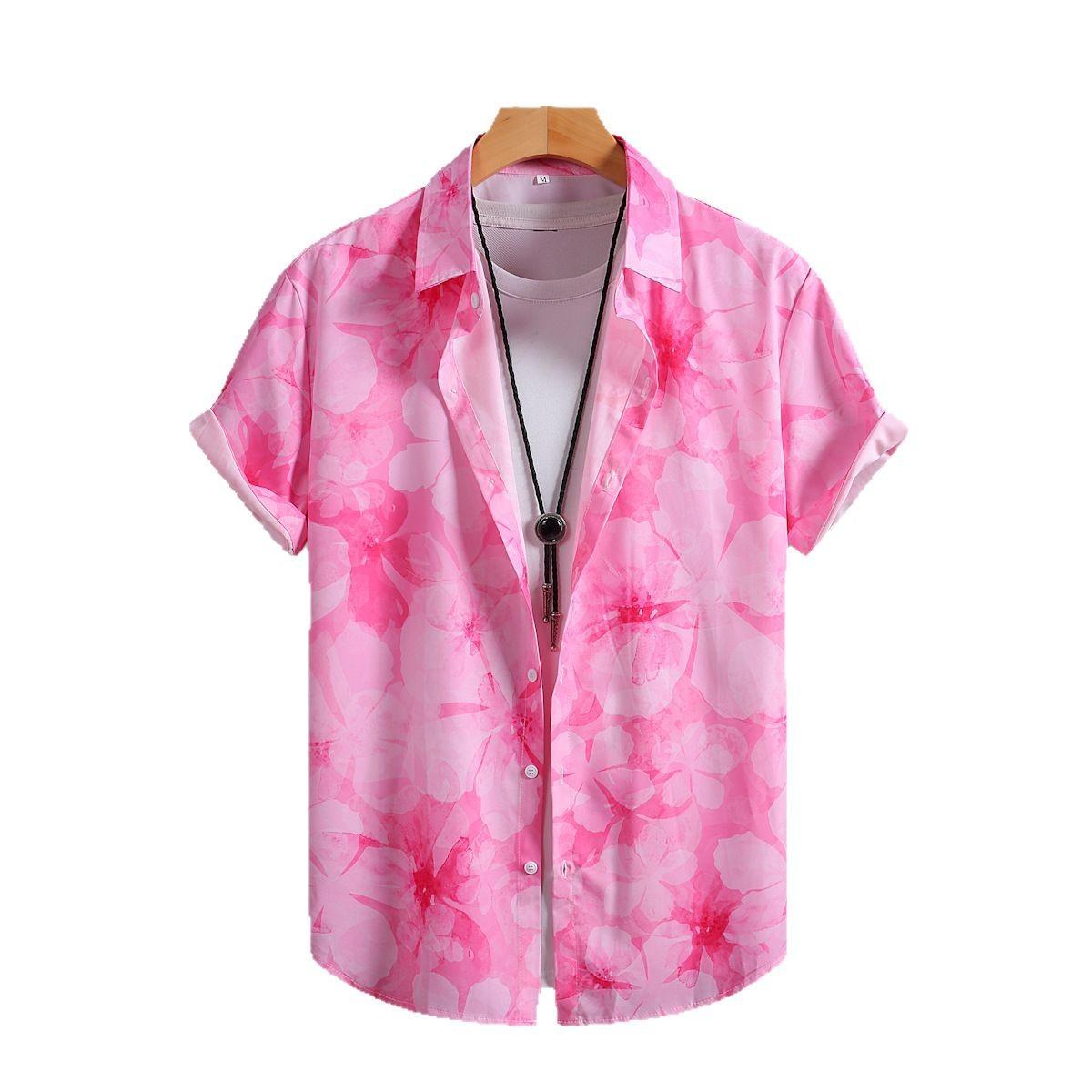 

Модная мужская рубашка с коротким рукавом для мужчин, розовая мужская рубашка с цветочным принтом, лето 2025, новое поступление L розовый