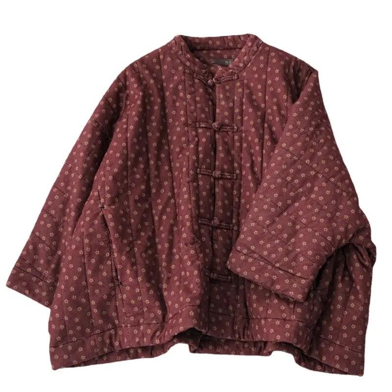 Johnature Women Chinese Style Corduroy Parkas Stand Long Sleeve Button Winter Vintage Coats Print Floral Warm Winter Parkas