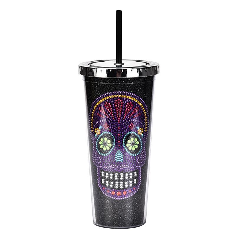 

Double Plastic Straw Cup Diamond Creative Skull Water Cup Halloween Large Capacity Drink Cup 700ml