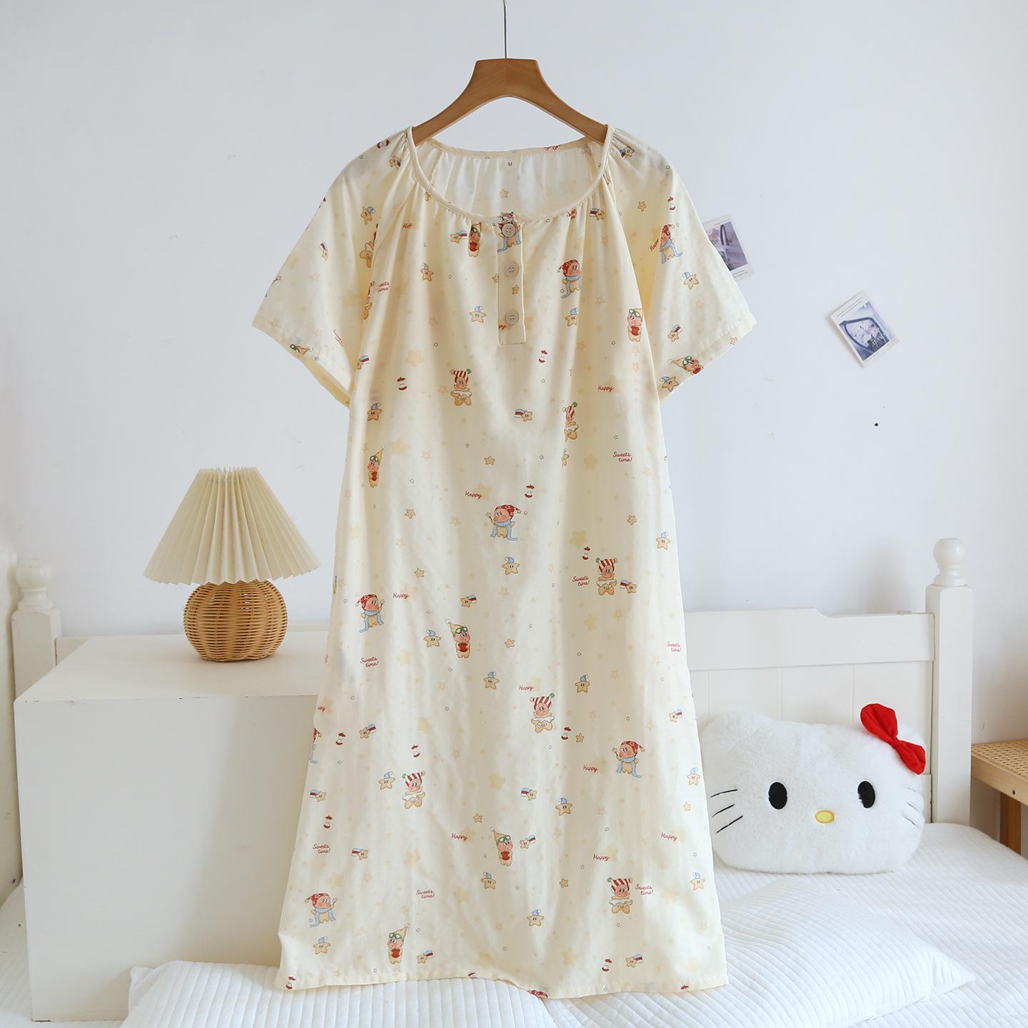 

Women s Cotton Short-Sleeve Nightgown - Round Neck, Gauze Print, Loose Long Dress for Home or Outdoors M