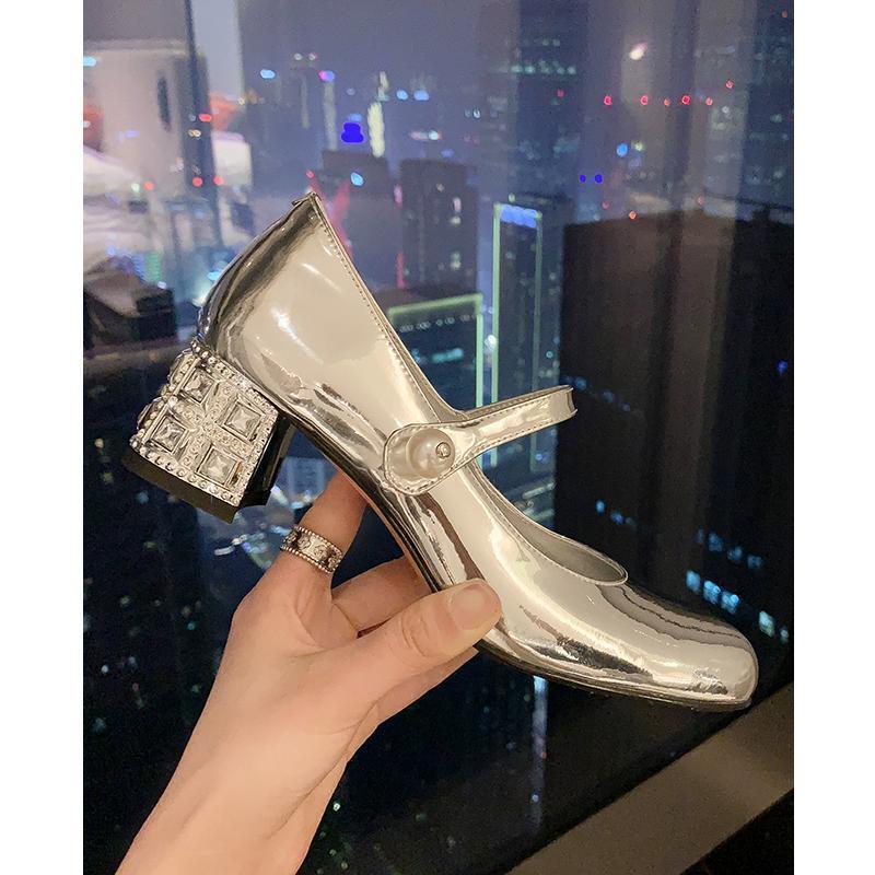 FairyWink qiao exquisit oh! Rundkopf silberner Strass Einzelne Schuhe Damen High Heels dicker Absatz Mary Jane Schuhe
