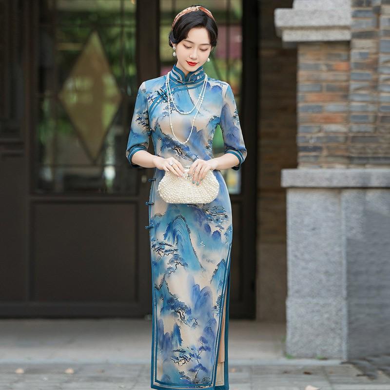 Elegant Vintage-Inspired Long Sleeve Cheongsam Dress Women Fall Slim Fit High-End Retro Style