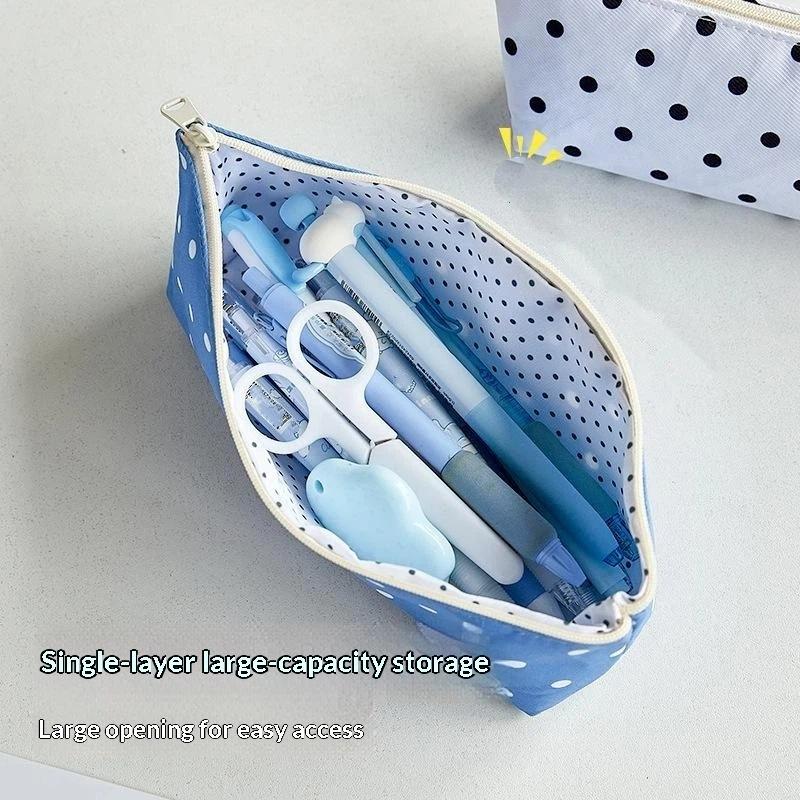 Portable Polka Dot Design Pencil Case Zipper Closure Large Capacity Student Stationery Bag Organizers